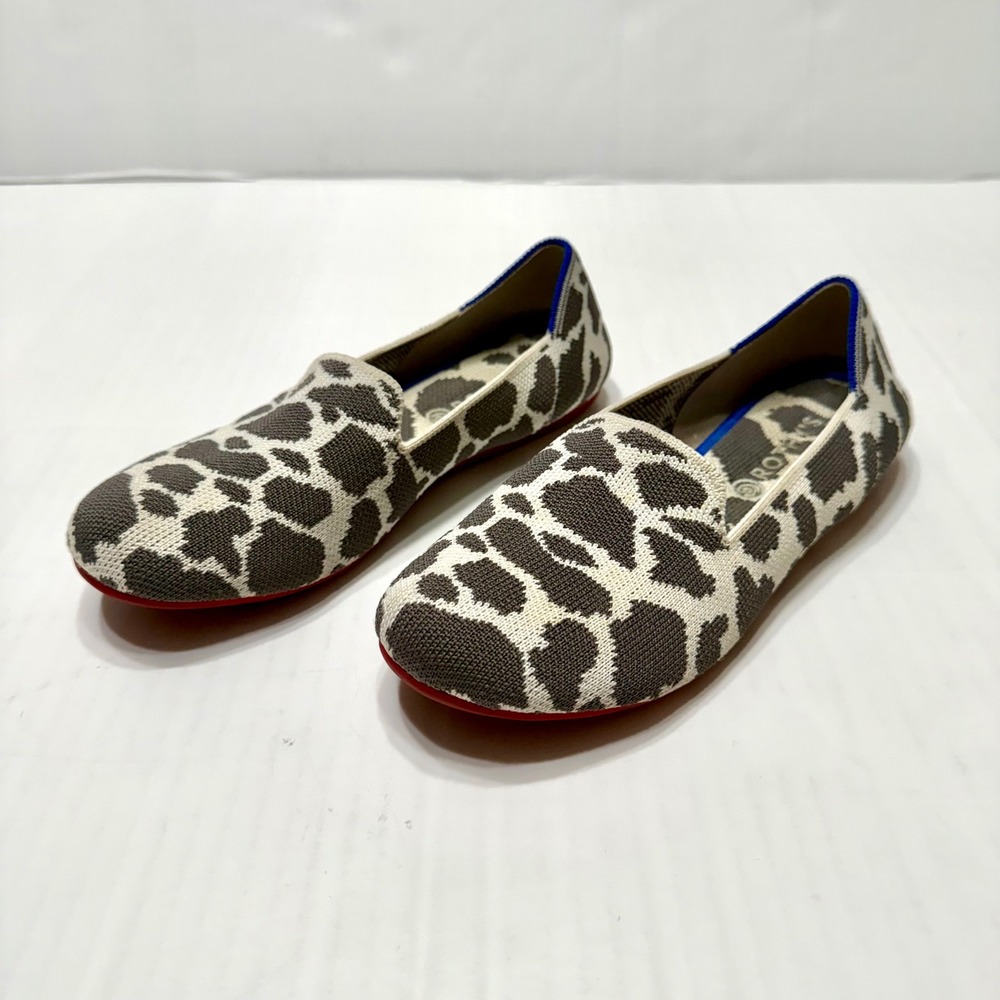 Rothys The Loafer Giraffe Print Grey White Knit Slip On Shoes Size 4 Red Sole‎